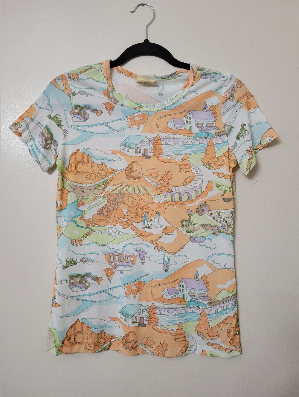 Vintage Mesh Scenic Print Pastel Short Sleeve Tee